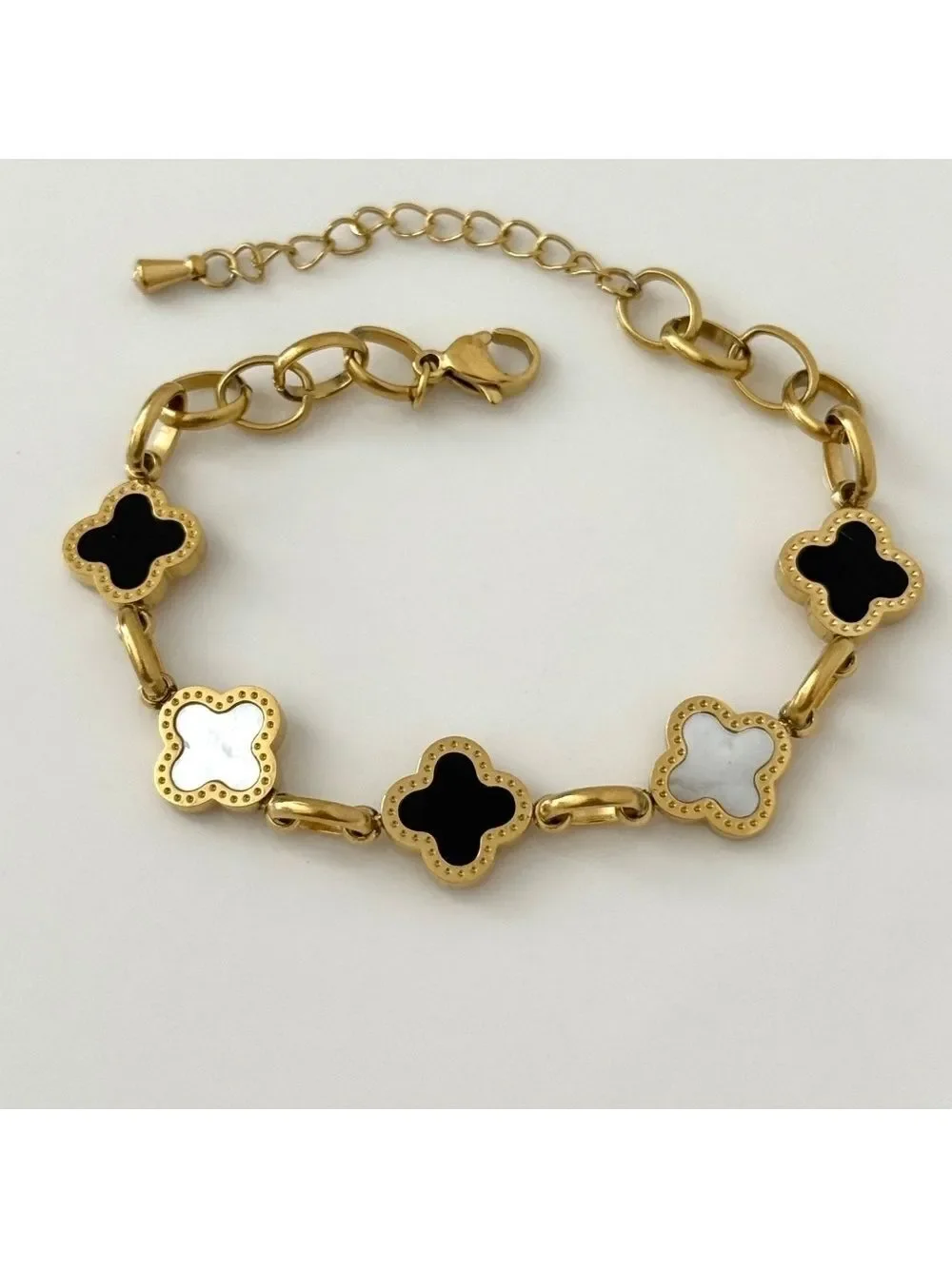 Black and Pearl White Clover Chain Bracelet, 18k Gold Plated Stainless Steel